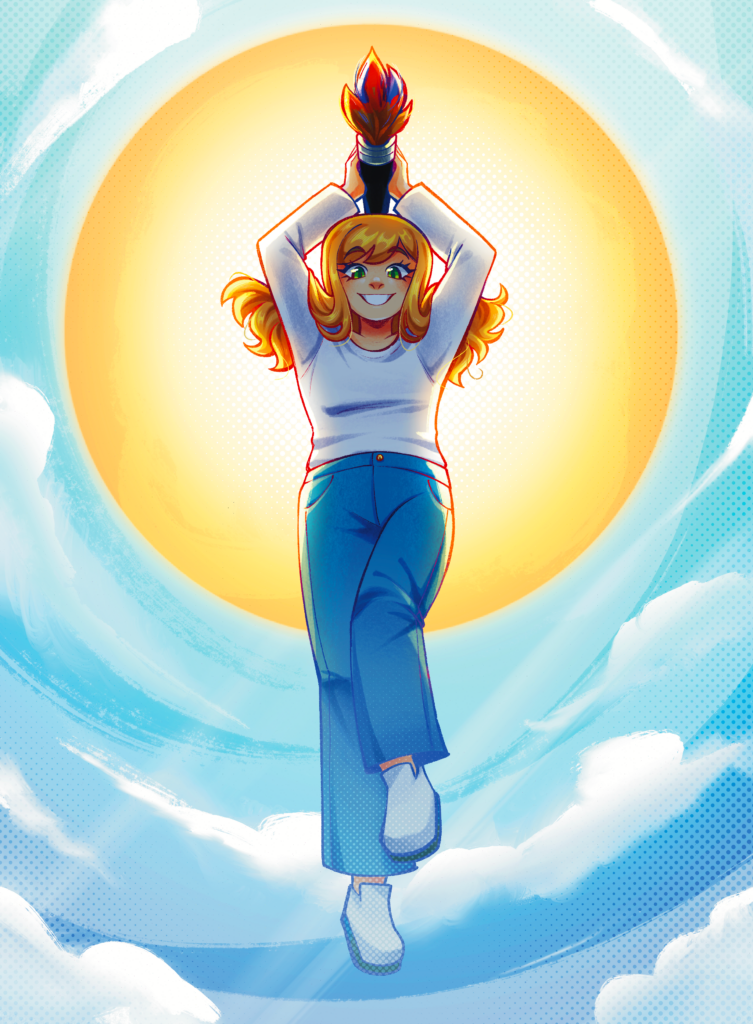 Fiona in front of the sun, ready to slam her paintbrush at terminal velocity
